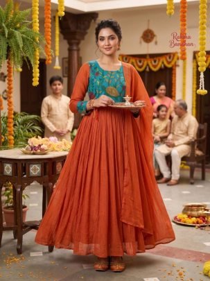 Kalamkari Printed Soft Kota Checks Gown