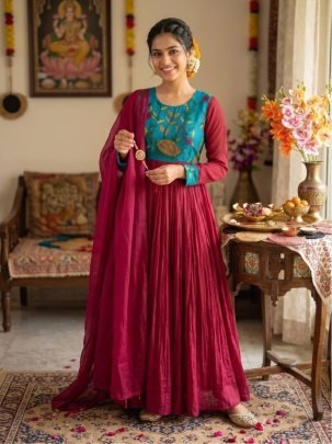 Kalamkari Printed Soft Kota Checks Gown