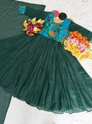 Kalamkari Printed Soft Kota Checks Gown