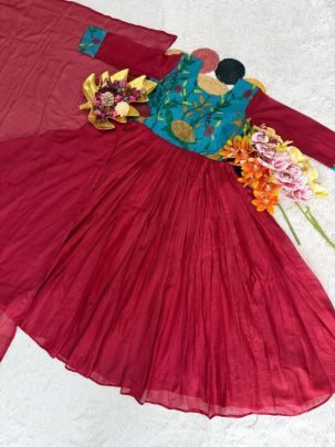 Kalamkari Printed Soft Kota Checks Gown