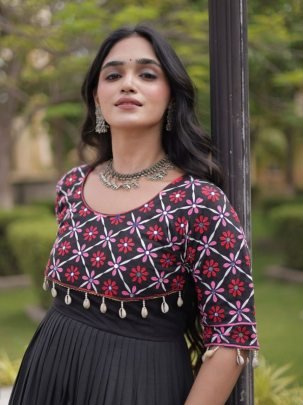 Kora Cotton Mirror Work Embroidered Gown