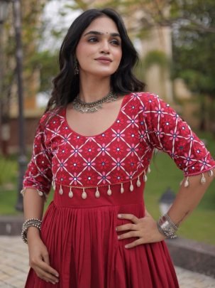 Kora Cotton Mirror Work Embroidered Gown