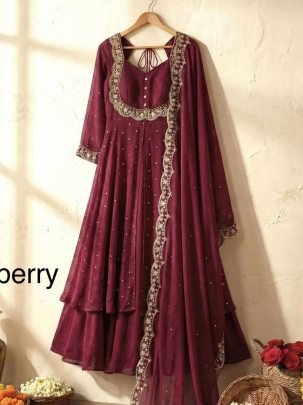 Maroon Vichitra Silk Embroidered Gown Set