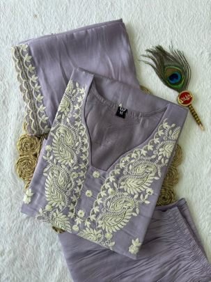 Mul Chanderi Paisley Embroidered A Line Set