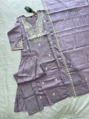 Mul Chanderi Paisley Embroidered A Line Set