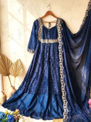 Navy Blue Vichitra Silk Embroidered Gown Set