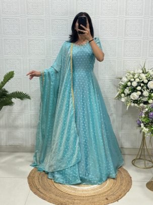 NC Moss Butti Handwork Gown with Lace Border