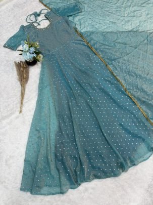 NC Moss Butti Handwork Gown with Lace Border