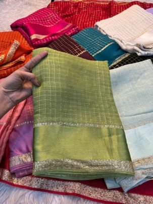 Olive Green Zari Checks Viscose Saree with Designer Border