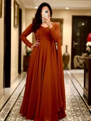 Orange Faux Georgette Handwork Party Wear Gown