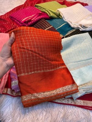 Orange Zari Checks Viscose Saree with Designer Border