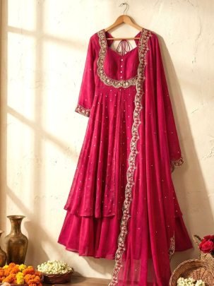 Pink Vichitra Silk Embroidered Gown Set