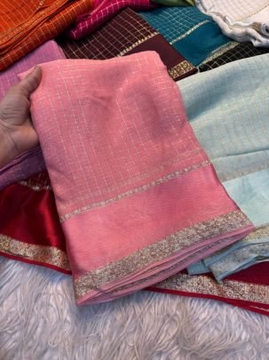Pink Zari Checks Viscose Saree with Elegant Border