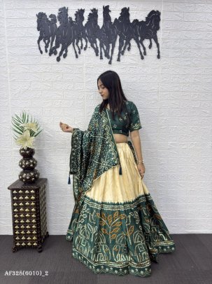 Premium Dola Silk Mill Print Foil Work Lehenga Set