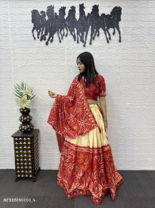 Premium Dola Silk Mill Print Foil Work Lehenga Set
