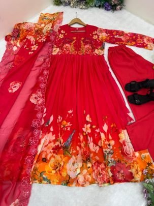 Premium Fox Georgette Gown Set with Digital Dupatta & Handwork Detailing