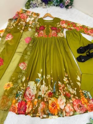 Premium Fox Georgette Gown Set with Digital Dupatta & Handwork Detailing