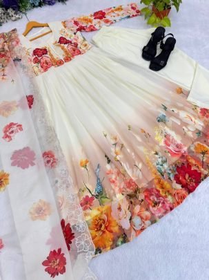 Premium Fox Georgette Gown Set with Digital Dupatta & Handwork Detailing