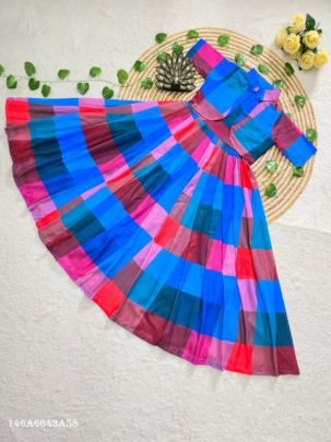 Premium Mul Chanderi Chex Printed Midi Dress with Overcoat