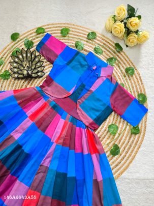 Premium Mul Chanderi Chex Printed Midi Dress with Overcoat