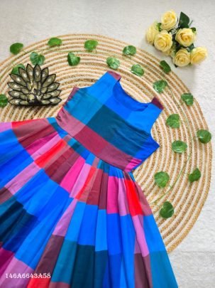 Premium Mul Chanderi Chex Printed Midi Dress with Overcoat