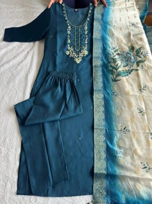 Premium Roman Silk Morpich Suit Set with Hand Work & Heavy Lichi Silk Jacquard Dupatta