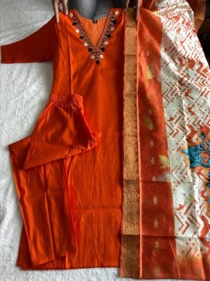 Premium Roman Silk Orange Suit Set with Hand Work   Heavy Lichi Silk Jacquard Dupatta