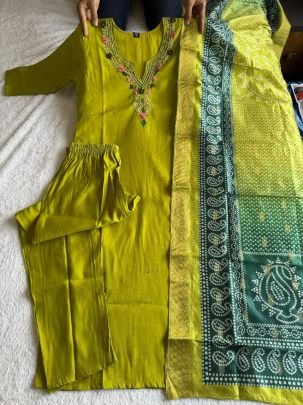 Premium Roman Silk Parrot Suit Set with Hand Work & Lichi Silk Jacquard Dupatta
