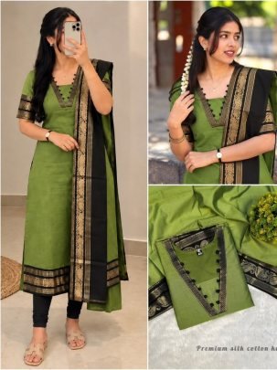 Premium Silk Cotton Kurti Set with Zari Border Dupatta