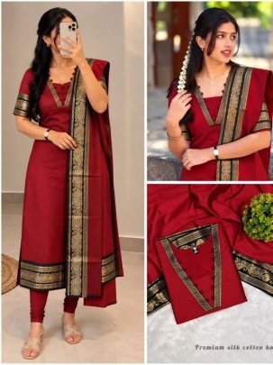 Premium Silk Cotton Kurti Set with Zari Border Dupatta