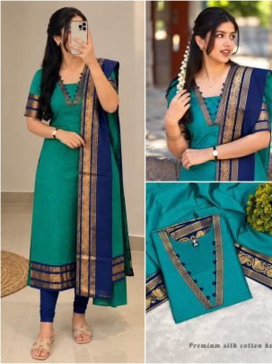 Premium Silk Cotton Kurti Set with Zari Border Dupatta