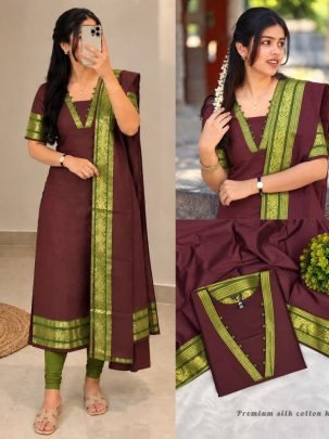 Premium Silk Cotton Kurti Set with Zari Border Dupatta