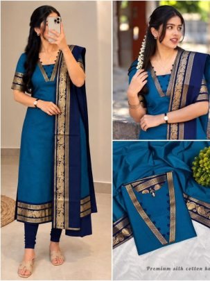 Premium Silk Cotton Kurti Set with Zari Border Dupatta
