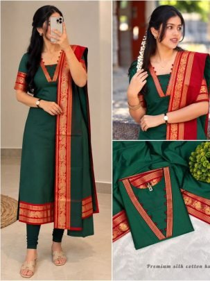 Premium Silk Cotton Kurti Set with Zari Border Dupatta