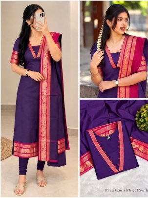 Premium Silk Cotton Kurti Set with Zari Border Dupatta