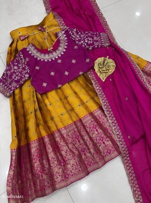 Premium Silk Half Saree Set with Zari Embroidery Blouse & Chinon Dupatta