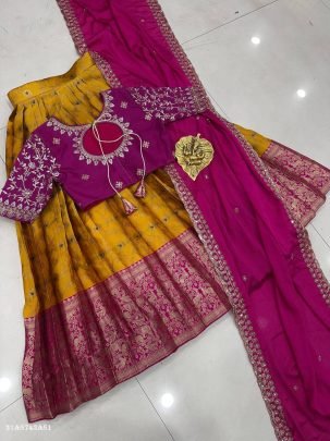 Premium Silk Half Saree Set with Zari Embroidery Blouse & Chinon Dupatta