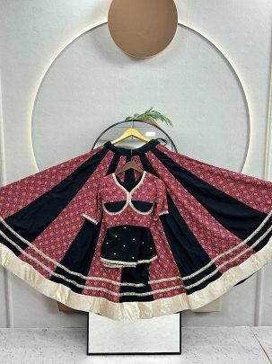 Pure Cotton Ajrakh Mirror Lace Lehenga Choli