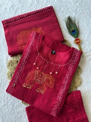 Pure Cotton Cherry Suit Set with Real Mirror Hand Work & Mul Cotton Dupatta