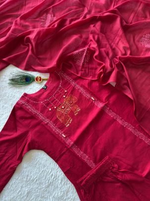 Pure Cotton Cherry Suit Set with Real Mirror Hand Work & Mul Cotton Dupatta