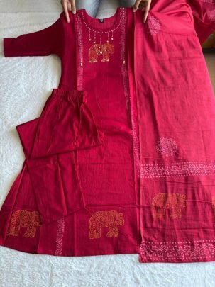 Pure Cotton Cherry Suit Set with Real Mirror Hand Work & Mul Cotton Dupatta
