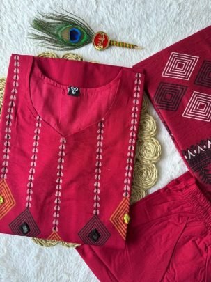 Pure Cotton Hand Block Printed Suit Set with Real Mirror Work   Mul Cotton Dupatta