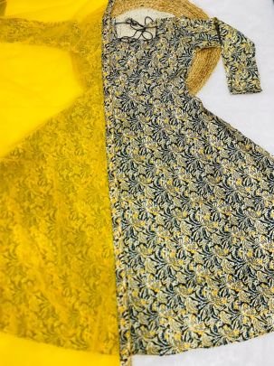 Pure Cotton Kalamkari Block Print Gown with Georgette Lace Border Dupatta