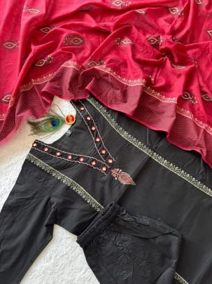 Pure Cotton Mirror Work Suit Set with Hand Block Printed Mul Cotton Dupatta