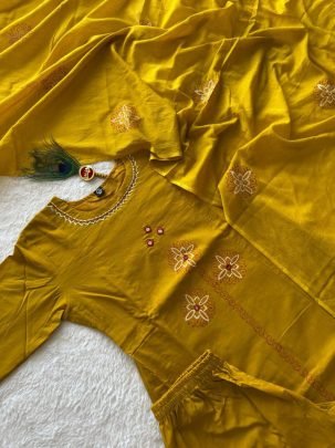 Pure Cotton Mustard Suit Set with Real Mirror Hand Work & Mul Cotton Dupatta