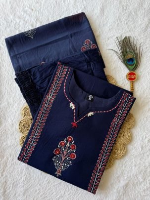 Pure Cotton Navy Blue Hand Block Printed Suit Set with Real Mirror Work