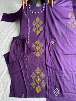 Pure Cotton Purple Suit Set with Real Mirror Hand Work   Mul Cotton Dupatta
