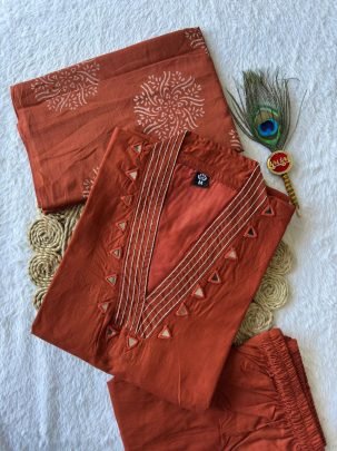 Pure Cotton Rust Embroidered Suit Set with Real Mirror Hand Work & Mul Cotton Dupatta
