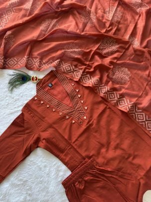 Pure Cotton Rust Embroidered Suit Set with Real Mirror Hand Work & Mul Cotton Dupatta