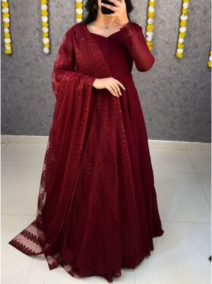 Red Faux Georgette Party Wear Gown with Embroidered Net Dupatta